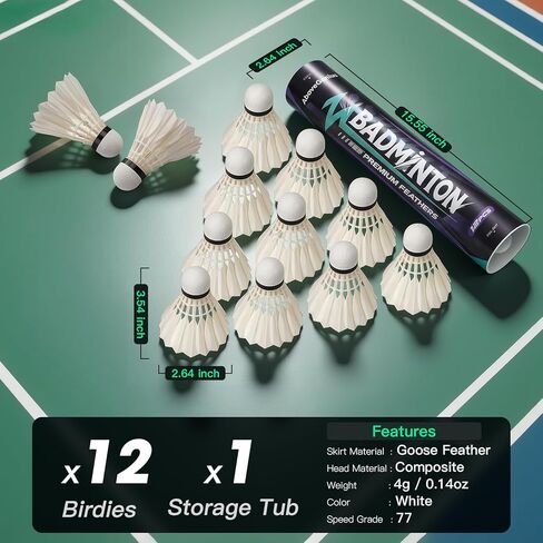 Goose Feather Badminton Birdies 6/12 Pack, Badminton Shuttlecocks with Stability Durability, High Speed Shuttle Balls for Indoor Outdoor Backyard Practice Training in Kuwait