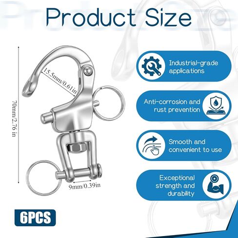 6 Pack Swivel Eye Snap Shackle, 316 Stainless Steel Clevis Swivel Jaw Swivel Shackle Marine Grade Sailing Halyard Shackle Quick Release Snap Hook for Boat Rigging Industrial Lifting Climbing in Kuwait