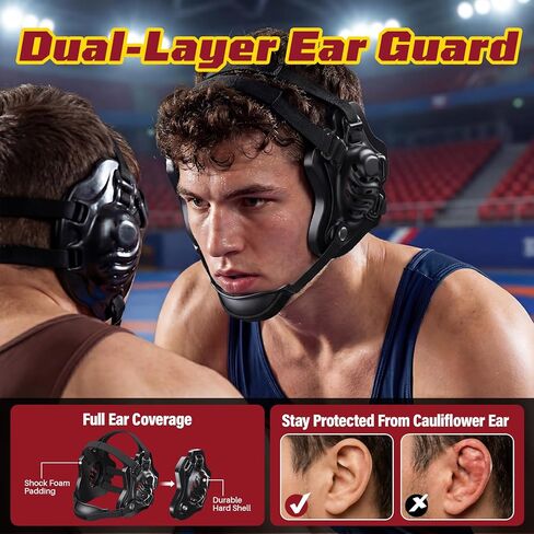 Wrestling Headgear for Youth & Adults (Age 10+), Quick-Adjust Secure Fit with Soft Chin Cup, Full-Cover Dual-Layer Ear Guards for Wrestling, MMA, BJJ & Jiu Jitsu in Saudi Arabia