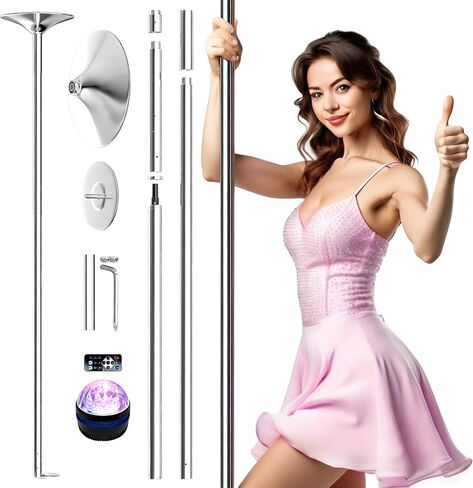 PYY Dance Pole - Adjustable & Portable Dancing Pole for Gym Studio Pub, Chrome Finish, Spinning & Static Modes, No Drilling Required, w/Remote LED Stage Lights in Kuwait