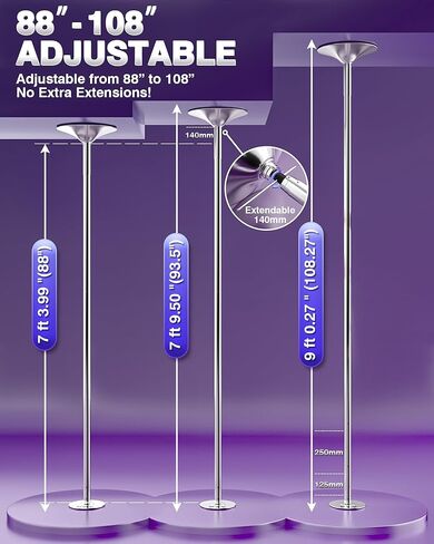 PYY Dance Pole - Adjustable & Portable Dancing Pole for Gym Studio Pub, Chrome Finish, Spinning & Static Modes, No Drilling Required, w/Remote LED Stage Lights in Kuwait