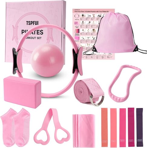 Pilates Kit, Home Pilates Workout Kit for Women, Pilates Equipment with Pilates Ring and Ball, Yoga Block & 5 Resistance Bands, Ankle Weights, Sliders & Grip Socks, Workout Guide Included in Kuwait