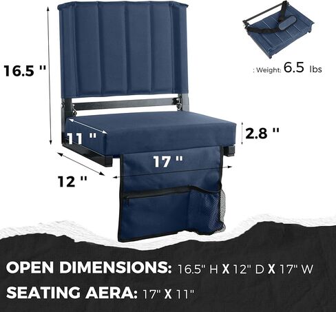 مقاعد استاد SPORT BEATS مع كراسي دعم للظهر مع ظهر ووسادة، مقاعد مبيض مبطنة سميكة تتضمن حزام كتف، أزرق داكن، قطعتان عاديتان - 17 بوصة عرض × 12 بوصة عمق × 16.5 بوصة ارتفاع in Kuwait
