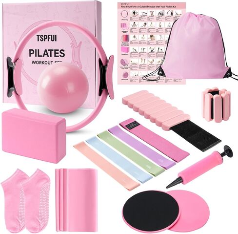 Pilates Kit, Home Pilates Workout Kit for Women, Pilates Equipment with Pilates Ring and Ball, Yoga Block & 5 Resistance Bands, Ankle Weights, Sliders & Grip Socks, Workout Guide Included in Saudi Arabia
