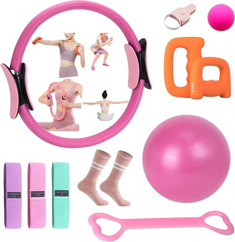 Home Pilates Kit for Women, Pilates Equipment Ring Set with Magic Circle, Body Tape Measure, D Grip Dumbbells, Pilates Ball, Massage Ball, Yoga Socks and Resistance Bands in Kuwait