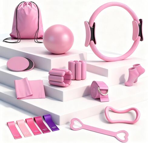 Pilates Equipment Kit for Home Workouts - 18pcs Set- 14'' Pilates Ring and Ball Set for Women, Pilates/Yoga Accessories Kit with Wrist Weights, Resistance Bands, Core Sliders, Yoga Strap, Socks, Bag in Kuwait