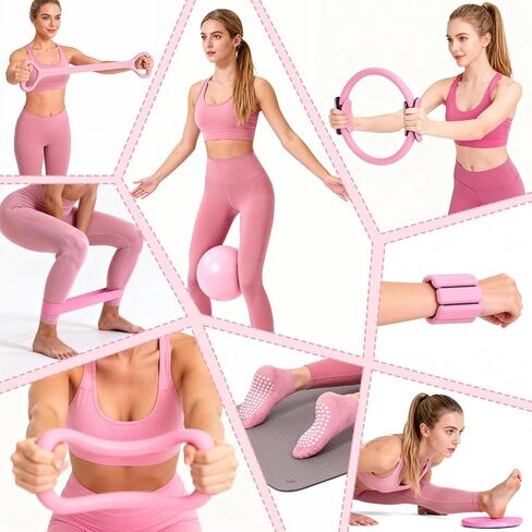 Pilates Equipment Kit for Home Workouts - 18pcs Set- 14'' Pilates Ring and Ball Set for Women, Pilates/Yoga Accessories Kit with Wrist Weights, Resistance Bands, Core Sliders, Yoga Strap, Socks, Bag in Kuwait