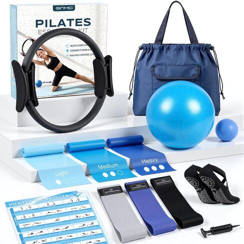 GINMIC Pilates Equipment, Pilates Kit for Women Home Workouts, at Home Pilates Set with Pilates Ring, Pilates Ball, Long and Loop Resistance Bands, Pilates Socks, Massage Ball, Guide & Bag in Kuwait