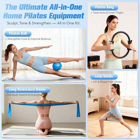 GINMIC Pilates Equipment, Pilates Kit for Women Home Workouts, at Home Pilates Set with Pilates Ring, Pilates Ball, Long and Loop Resistance Bands, Pilates Socks, Massage Ball, Guide & Bag in Kuwait