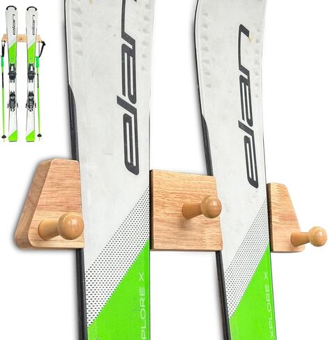رف تزلج Tuiiopoli مع 3 خطافات خشبية - شماعة عرض عائمة حديثة على طراز خشب البلوط البسيط على الجليد على الحائط للتخزين بدون ضرر، حامل لوح طويل عموديًا in Kuwait