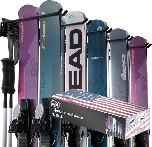 حامل جداري للتزلج مقره الولايات المتحدة الأمريكية، يحمل 10 أزواج لرف تخزين التزلج، وشماعات لوح التزلج وحوامل التزلج لرفوف تخزين الحائط للمرآب، وشماعات التزلج على الحائط تحمل ما يصل إلى 125 رطلاً، و5 خطافات سوداء in Kuwait