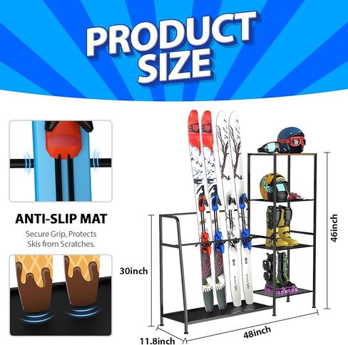 حامل ألواح التزلج قائم بذاته - حاملات تزلج لأربعة أزواج من الزلاجات، 3 قطع من ألواح التزلج، حذاء طويل، عمود، نظارات واقية، خوذة وأكثر من ذلك، منظم تزلج بحامل أرضي من الفولاذ عالي التحمل للمرآب والسقيفة والطابق السفلي in Kuwait