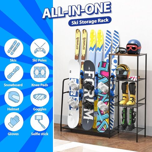 حامل ألواح التزلج قائم بذاته - حاملات تزلج لأربعة أزواج من الزلاجات، 3 قطع من ألواح التزلج، حذاء طويل، عمود، نظارات واقية، خوذة وأكثر من ذلك، منظم تزلج بحامل أرضي من الفولاذ عالي التحمل للمرآب والسقيفة والطابق السفلي in Kuwait