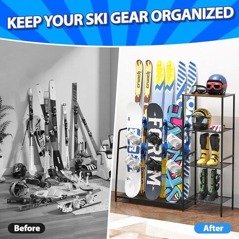 حامل ألواح التزلج قائم بذاته - حاملات تزلج لأربعة أزواج من الزلاجات، 3 قطع من ألواح التزلج، حذاء طويل، عمود، نظارات واقية، خوذة وأكثر من ذلك، منظم تزلج بحامل أرضي من الفولاذ عالي التحمل للمرآب والسقيفة والطابق السفلي in Kuwait