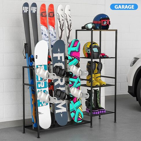 حامل ألواح التزلج قائم بذاته - حاملات تزلج لأربعة أزواج من الزلاجات، 3 قطع من ألواح التزلج، حذاء طويل، عمود، نظارات واقية، خوذة وأكثر من ذلك، منظم تزلج بحامل أرضي من الفولاذ عالي التحمل للمرآب والسقيفة والطابق السفلي in Kuwait