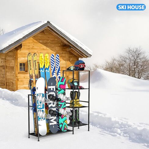 حامل ألواح التزلج قائم بذاته - حاملات تزلج لأربعة أزواج من الزلاجات، 3 قطع من ألواح التزلج، حذاء طويل، عمود، نظارات واقية، خوذة وأكثر من ذلك، منظم تزلج بحامل أرضي من الفولاذ عالي التحمل للمرآب والسقيفة والطابق السفلي in Kuwait