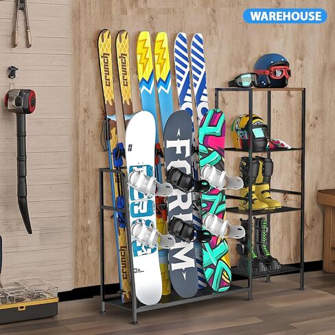 حامل ألواح التزلج قائم بذاته - حاملات تزلج لأربعة أزواج من الزلاجات، 3 قطع من ألواح التزلج، حذاء طويل، عمود، نظارات واقية، خوذة وأكثر من ذلك، منظم تزلج بحامل أرضي من الفولاذ عالي التحمل للمرآب والسقيفة والطابق السفلي in Kuwait