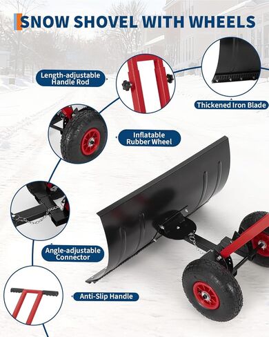 Snow Shovel with Rubber Wheels,29" w x 14" h Angled Blade, Back Saver Snow Pusher with Adjustable Double Rod, 5-Position Adjustment for Driveway & Sidewalk, Black & Red in Kuwait
