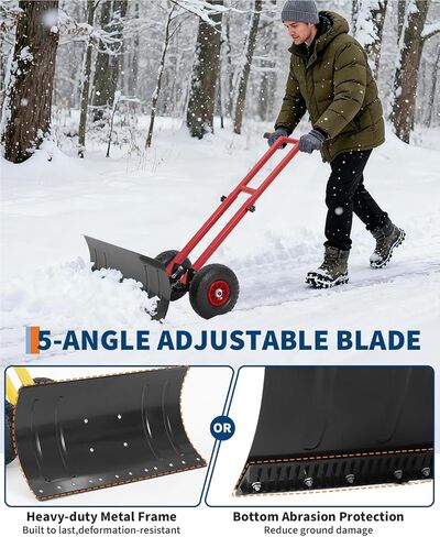 Snow Shovel with Rubber Wheels,29" w x 14" h Angled Blade, Back Saver Snow Pusher with Adjustable Double Rod, 5-Position Adjustment for Driveway & Sidewalk, Black & Red in Kuwait