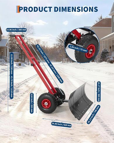 Snow Shovel with Rubber Wheels,29" w x 14" h Angled Blade, Back Saver Snow Pusher with Adjustable Double Rod, 5-Position Adjustment for Driveway & Sidewalk, Black & Red in Kuwait