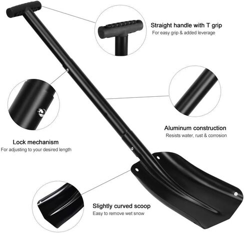 مجرفة ثلج قابلة للطي من الألومنيوم، مجرفة رياضية محمولة مكونة من 3 قطع، مجرفة طوارئ خفيفة الوزن للسيارة والتخييم والأنشطة الخارجية وإزالة الثلج، أسود غير لامع in Kuwait