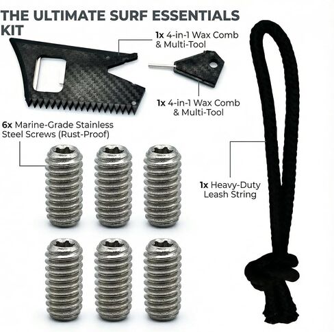 طقم مشط شمع متعدد الأدوات بزعانف ركوب الأمواج، يتضمن مفتاح زعنفة، وفتاحة زجاجات، وكاشطة وسلسلة مقود، ومسامير إمساك من الفولاذ المقاوم للصدأ متوافقة مع FCS، والعقود الآجلة، واللوح الطويل، وSUP in Kuwait