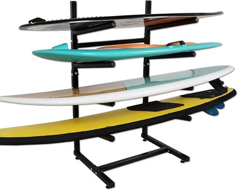 حامل لوح ركوب الأمواج قائم بذاته، حامل لوح ركوب الأمواج للتخزين والعرض للأماكن الداخلية والخارجية والجراج والمتجر والتجميع بدون أدوات (يناسب 4 لوحات) in Kuwait