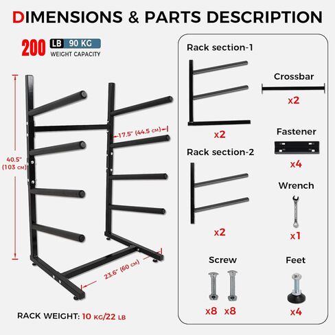 حامل لوح ركوب الأمواج قائم بذاته، حامل لوح ركوب الأمواج للتخزين والعرض للأماكن الداخلية والخارجية والجراج والمتجر والتجميع بدون أدوات (يناسب 4 لوحات) in Kuwait