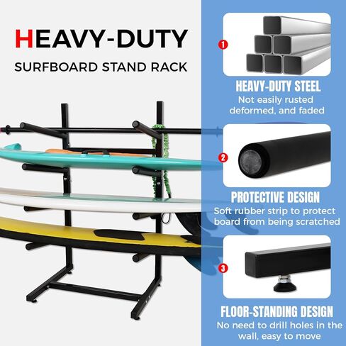 حامل لوح ركوب الأمواج قائم بذاته، حامل لوح ركوب الأمواج للتخزين والعرض للأماكن الداخلية والخارجية والجراج والمتجر والتجميع بدون أدوات (يناسب 4 لوحات) in Kuwait