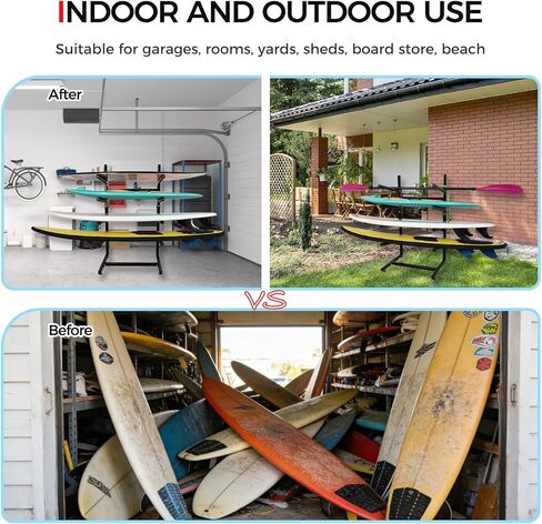 حامل لوح ركوب الأمواج قائم بذاته، حامل لوح ركوب الأمواج للتخزين والعرض للأماكن الداخلية والخارجية والجراج والمتجر والتجميع بدون أدوات (يناسب 4 لوحات) in Kuwait