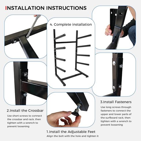 حامل لوح ركوب الأمواج قائم بذاته، حامل لوح ركوب الأمواج للتخزين والعرض للأماكن الداخلية والخارجية والجراج والمتجر والتجميع بدون أدوات (يناسب 4 لوحات) in Kuwait