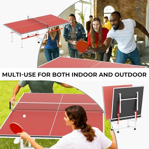 طاولة بينج بونج للاستخدام الداخلي/الخارجي، طاولة تنس طاولة متوسطة الحجم قابلة للطي مقاس 8 × 4 أقدام مع شبكة، ومجاديف تنس طاولة و3 كرات - سهلة التجميع - جودة البطولة - مثالية لغرف الألعاب العائلية in Kuwait