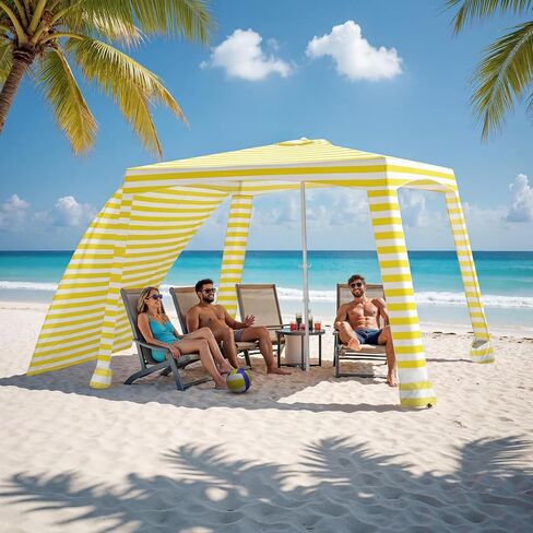 Beach Cabana-6.6x6.6’Beach Canopy with Side Wall,Portable Umbrella Tent with Sand Pockets for Family & Friends,Easy Up Beach Sun Shelter for Outdoor Patios,Backyards,and Camping,Stripe in Kuwait