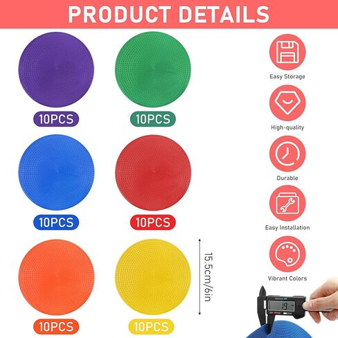 60 Pack Poly Spot Markers with Bag,6 Inch Non-Slip Rubber Floor Dots for PE Gym Classes, Classroom Games, Soccer & Basketball Agility Training,Bright Color Agility Markers in Saudi Arabia