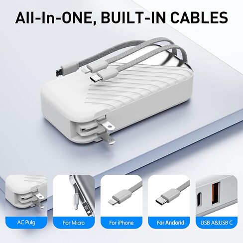 USB C Portable Charger with Wall Plug 10000mAh Power Bank Fast Charging 27W Portable Charger with Built in Cable Phone Portable Charger for iPhone Samsung Android, Black in Saudi Arabia
