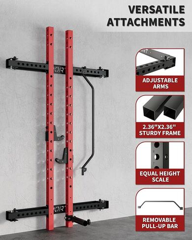 PeakPursuit Folding Wall Mounted Squat Rack – 2.36" x 2.36" Power Rack for Home Gym, 1000 LBS Heavy-Duty with Pull-Up Bar, J-Hooks & Landmine Attachment – Space-Saving Strength Training Station in Saudi Arabia