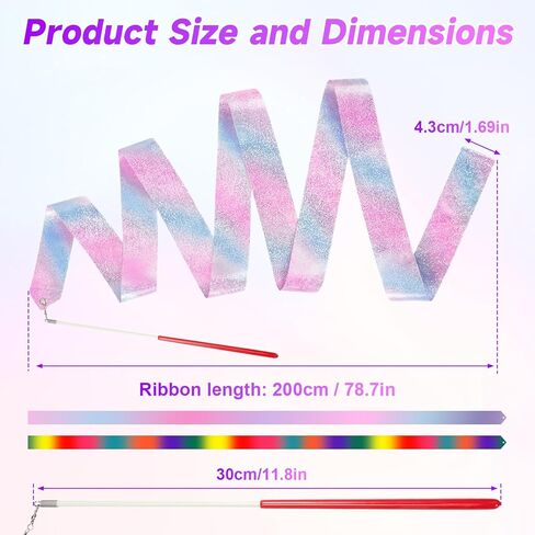 HZMM 2 PCS Dance Ribbon Streamers 78.7 Inch, Rhythmic Gymnastics Ribbon Wand for Ballet Dance Training & Performance, Twirling Artistic Dance Streamer with Sparkling Stars & Gradient Colors in Kuwait