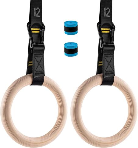 Wooden Gym Rings with 9ft Double-Layer Numbered Straps Quick Adjust. 1.25" Olympic Rings for Home Gym Small Apartment Hotel Camping Full Body Workout Calisthenics Strength Training Body in Kuwait