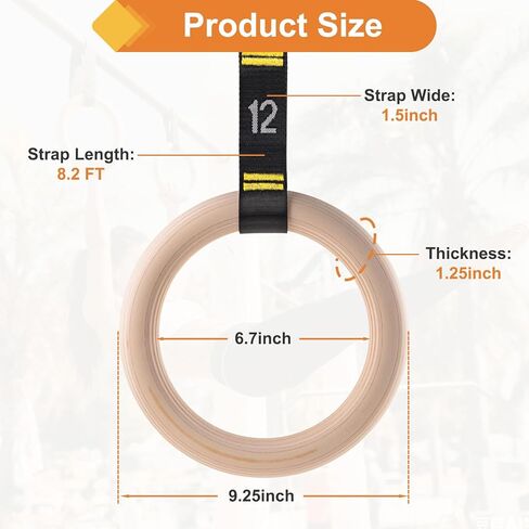 Wooden Gym Rings with 9ft Double-Layer Numbered Straps Quick Adjust. 1.25" Olympic Rings for Home Gym Small Apartment Hotel Camping Full Body Workout Calisthenics Strength Training Body in Kuwait
