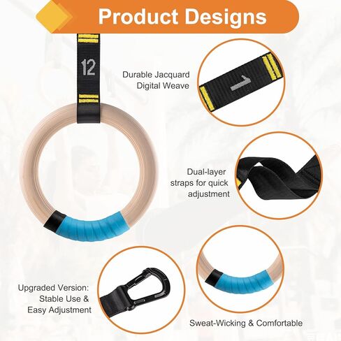 Wooden Gym Rings with 9ft Double-Layer Numbered Straps Quick Adjust. 1.25" Olympic Rings for Home Gym Small Apartment Hotel Camping Full Body Workout Calisthenics Strength Training Body in Kuwait