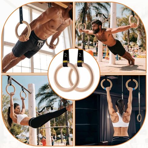 Wooden Gym Rings with 9ft Double-Layer Numbered Straps Quick Adjust. 1.25" Olympic Rings for Home Gym Small Apartment Hotel Camping Full Body Workout Calisthenics Strength Training Body in Kuwait