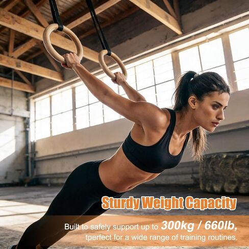 Wooden Gym Rings with 9ft Double-Layer Numbered Straps Quick Adjust. 1.25" Olympic Rings for Home Gym Small Apartment Hotel Camping Full Body Workout Calisthenics Strength Training Body in Kuwait