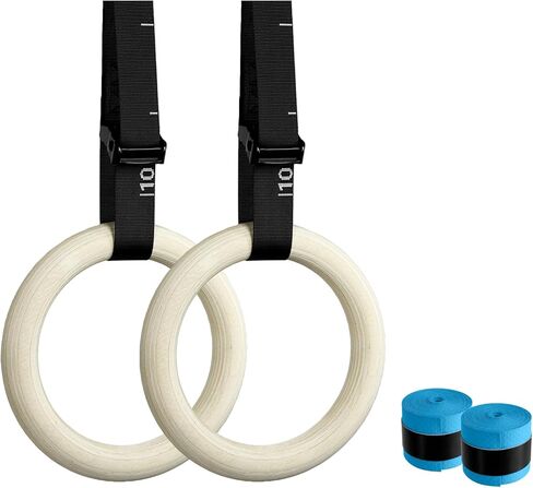 32mm Wooden Gymnastic Rings with Quick-Adjust Numbered Straps for Enhanced Workout Control, Designed for Strength Training, Home Gym, Calisthenics & Travel Fitness in Kuwait