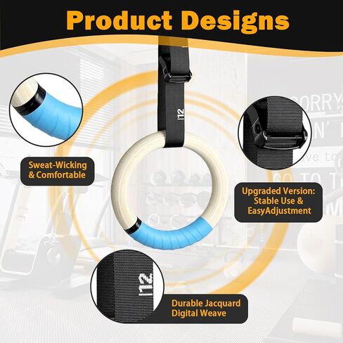 32mm Wooden Gymnastic Rings with Quick-Adjust Numbered Straps for Enhanced Workout Control, Designed for Strength Training, Home Gym, Calisthenics & Travel Fitness in Kuwait