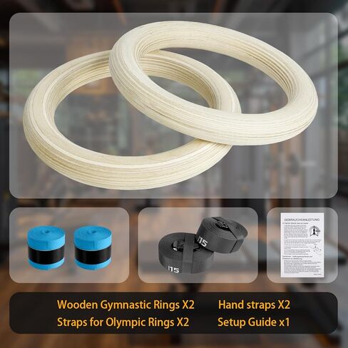 32mm Wooden Gymnastic Rings with Quick-Adjust Numbered Straps for Enhanced Workout Control, Designed for Strength Training, Home Gym, Calisthenics & Travel Fitness in Kuwait