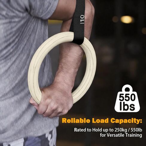 32mm Wooden Gymnastic Rings with Quick-Adjust Numbered Straps for Enhanced Workout Control, Designed for Strength Training, Home Gym, Calisthenics & Travel Fitness in Kuwait