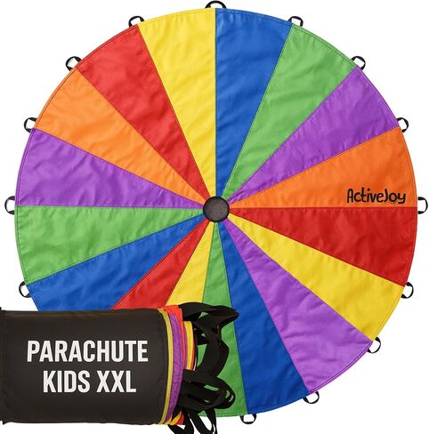 ActiveJoy - Parachute for Kids - 12ft / 20ft - Rainbow Parachute Toy مع مقابض - رائعة لفئة الصالة الرياضية واليوم الميداني والألعاب الخارجية in Kuwait