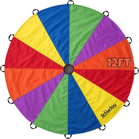 ActiveJoy - Parachute for Kids - 12ft / 20ft - Rainbow Parachute Toy مع مقابض - رائعة لفئة الصالة الرياضية واليوم الميداني والألعاب الخارجية in Kuwait
