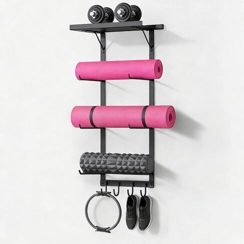 Yoga Mat Holder Wall Mount, Home Gym Storage Rack with Top Floating Shelf,Multifunctional Storage Rack for Yoga Mats, Foam Rollers, Resistance Bands, Home Gym Storage Organizer in Saudi Arabia