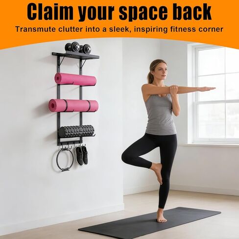 Yoga Mat Holder Wall Mount, Home Gym Storage Rack with Top Floating Shelf,Multifunctional Storage Rack for Yoga Mats, Foam Rollers, Resistance Bands, Home Gym Storage Organizer in Saudi Arabia